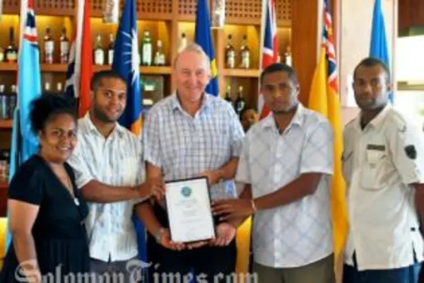 (L to R) Dorothy Wickham (One News CEO), Koroi Hawkins, Graeme Wilson, Fred Osifelo, One News Cameraman.