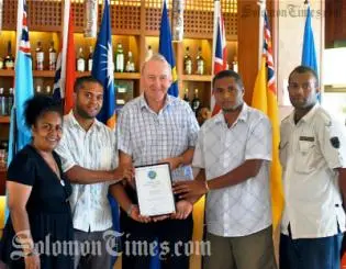 (L to R) Dorothy Wickham (One News CEO), Koroi Hawkins, Graeme Wilson, Fred Osifelo, One News Cameraman.