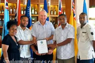 (L to R) Dorothy Wickham (One News CEO), Koroi Hawkins, Graeme Wilson, Fred Osifelo, One News Cameraman.