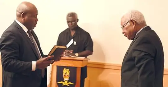 New Minister for Police, National Security and Correctional Services Anthony Veke sworn-in before the Governor General.