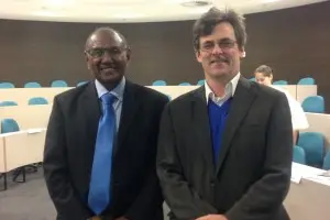 Minister of Foreign Affairs and External Trade of the Solomon Islands, The Hon. Milner Tozaka, with Development Policy Centre Director Stephen Howes after the roundtable.