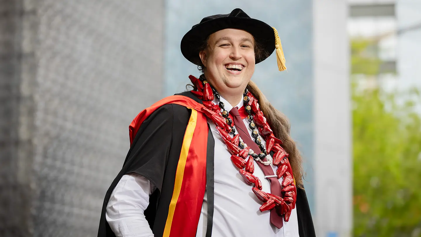 Dr Sean Richards in academic dress at graduation, University of Auckland, 22 September.