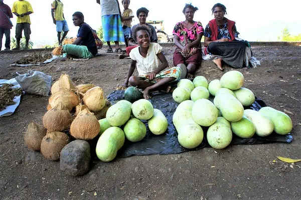 Women selling coconut and bottle gourd in Intoap, PNG.