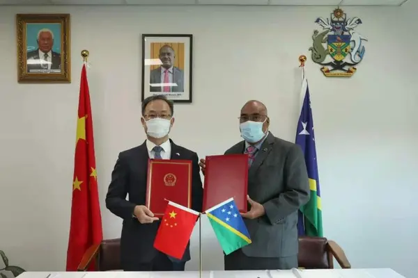 Chinese Ambassador H.E. LI Ming and Permanent Secretary of the Ministry of Foreign Affairs and External Trade Mr. Colin Beck have initialed the Framework Agreement Between the Government of the PRC and the Government of Solomon Islands on security cooperation.