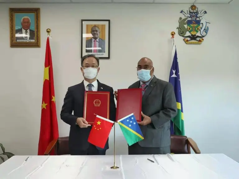 Chinese Ambassador H.E. LI Ming and Permanent Secretary of the Ministry of Foreign Affairs and External Trade Mr. Colin Beck have initialed the Framework Agreement Between the Government of the PRC and the Government of Solomon Islands on security cooperation.