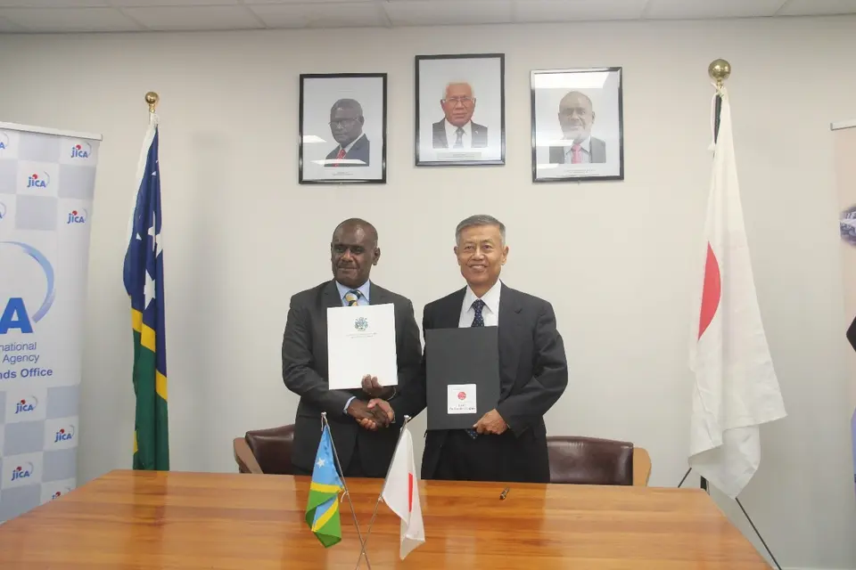 Minister of Foreign Affairs and External Trade, Hon. Jeremiah Manele and the Ambassador of Japan to the Solomon Islands, His Excellency Miwa Yoshiaki after the signing of the agreement for the improvement of Kilu’ufi Hospital.