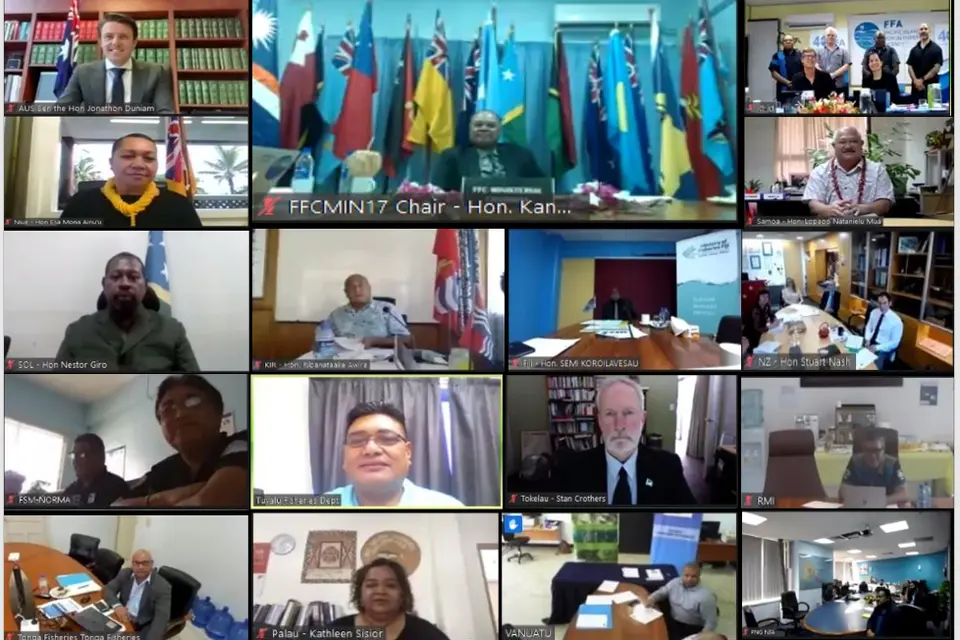 Pictured are participants in the 17th meeting of FFC Ministers, the first ever to be run online. Ministers discussed initiatives for increased regional cooperation in response to COVID-19, climate change, and illegal fishing, among other issues.