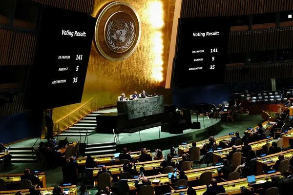 A general view shows the results of the voting during the 11th emergency special session of the 193-member U.N. General Assembly.