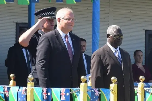 Solomon Islands Prime Minister, Hon. Manasseh Sogavare during the visit of the Prime Minister of Australia, Hon. Scott Morrison at the Rove Police Headquarters yesterday.