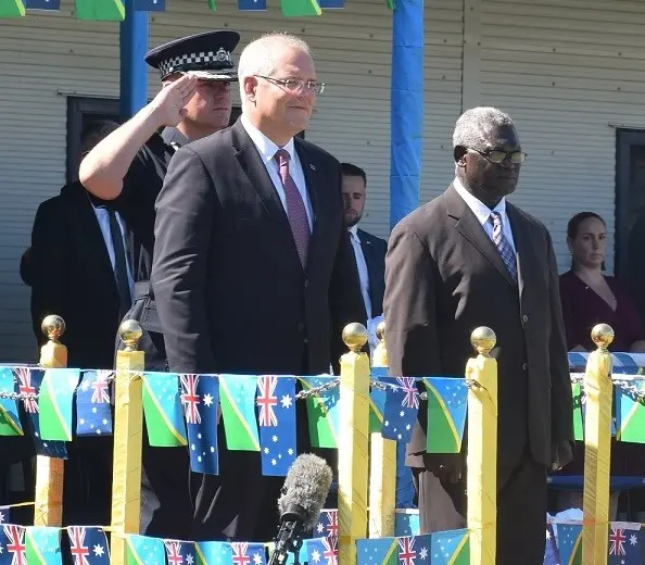 Solomon Islands Prime Minister, Hon. Manasseh Sogavare during the visit of the Prime Minister of Australia, Hon. Scott Morrison at the Rove Police Headquarters yesterday.