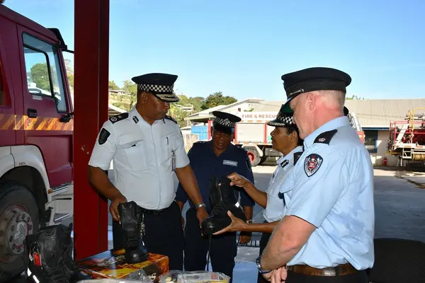 Police Commissioner Mostyn Mangau with Inspector Gary Power of the FRNSW who delivered the firefighting equipment to the RSIPF Fire and Rescue Service.