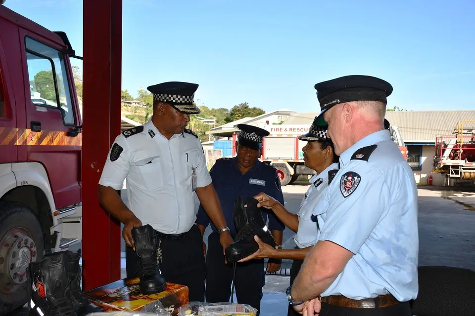 Police Commissioner Mostyn Mangau with Inspector Gary Power of the FRNSW who delivered the firefighting equipment to the RSIPF Fire and Rescue Service.