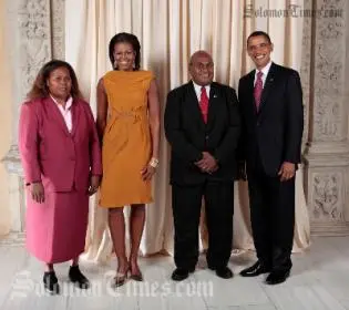 Fred Fono and Mrs. Helen Fono with President Obama and First Lady Michelle Obama during a reception at the Metropolitan Museum in New York.