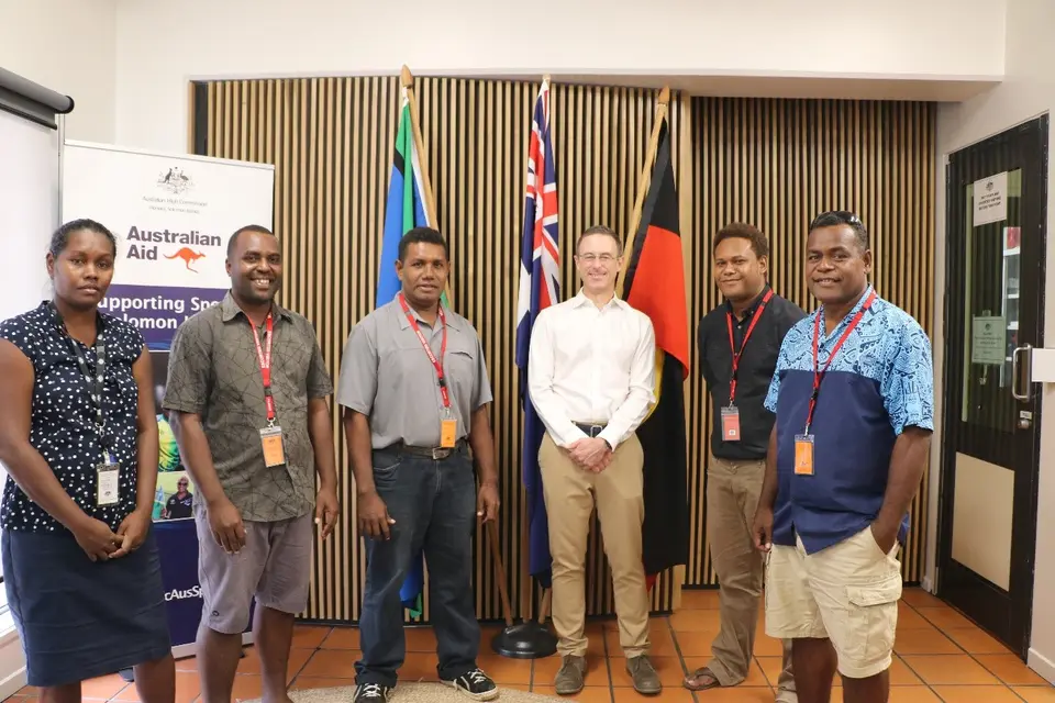 From R-L, Lensley Kwaimani, Project Coordinator for Arnon Atomea School, Dr Jason Diau, PC for Atoifi Hospital Solar System Project, Max Willis, AHC Political Counsellor, Elson Sau, PC for Maoro Christian School, Philip Kwato’o PC for Oneone Abu Clinic and Christina Nonga, DAP Officer.