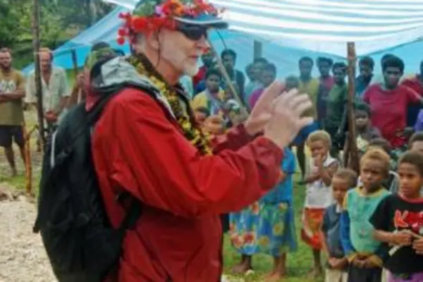 Sir Richard addressing the village at Mbimba on Lord Howe Island and explaining about malaria elimination.