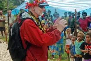 Sir Richard addressing the village at Mbimba on Lord Howe Island and explaining about malaria elimination.