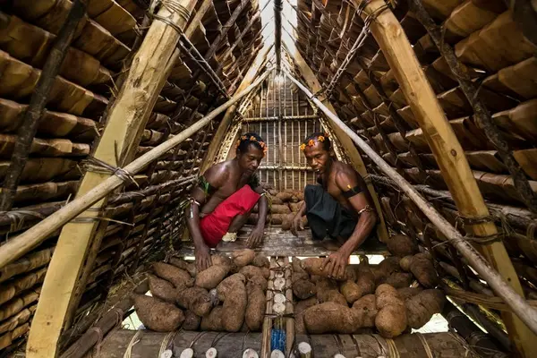 Two men pile tubers in a yam house. Years of drought have left them tragically empty.