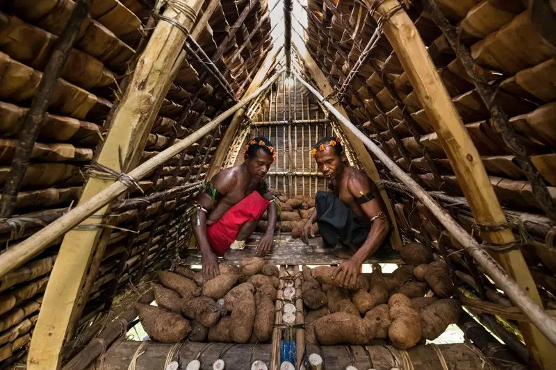 Two men pile tubers in a yam house. Years of drought have left them tragically empty.