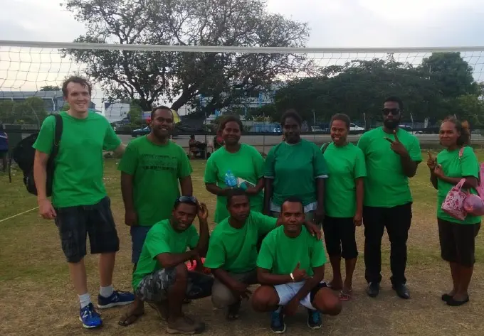 The PSO “Green Hornets” volleyball team after a hard fought victory. From left to right, back row: Clancy Dane, Daniel Kwalai, Tina Haro, Kathleen Kohata, Ethel Ratu, Lazarus Waroka, Martha Manaka. Front: Wesley Ramo, Peter Herehura, Leonard Chite.