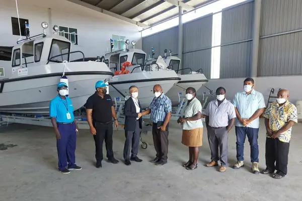The Hon. Minister for Health and Medical Services, Dr. Culwick Togamana and Ambassador of Japan to Solomon Islands, H.E. MIWA Yoshiaki at the official handover.