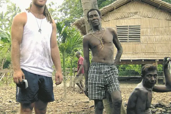 Matthew O’Sullivan from Glenfield (left)has been in the Solomon Islands since mid-June to continue his work building a new church in Makaruka, Guadalcanal.