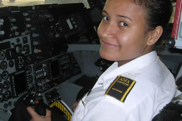 She is seen here as the first person to occupy the Cockpit Module of the RAAF F111 (A8-135) Strike Fighter aircraft.