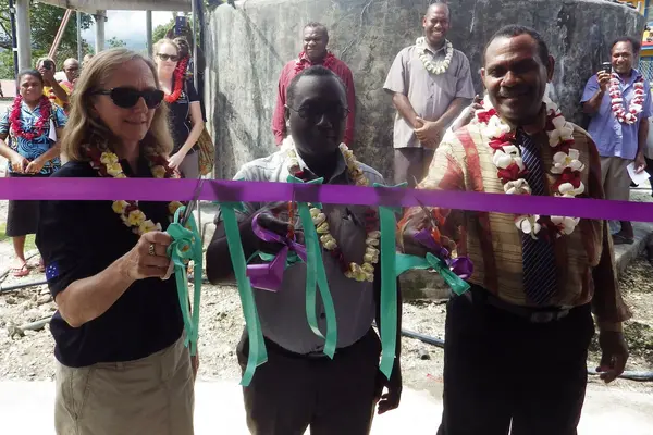 Ribbon cutting by Gina De Pretto, First Secretary Health Australian High Commission, Dr Greg Jilini, Under Secretary Health Care, Ministry of Health and Medical Services and Alfred Dagi, Provincial Minister of Health, Temotu Province.