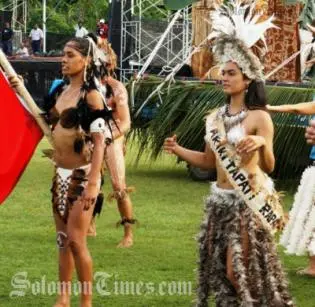 The Rapanui dancers marching during the Festival of Arts closing.
