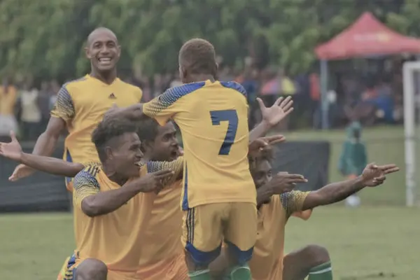 Isabel Frigate players celebrate a late come back to defeat Honiara Warriors.