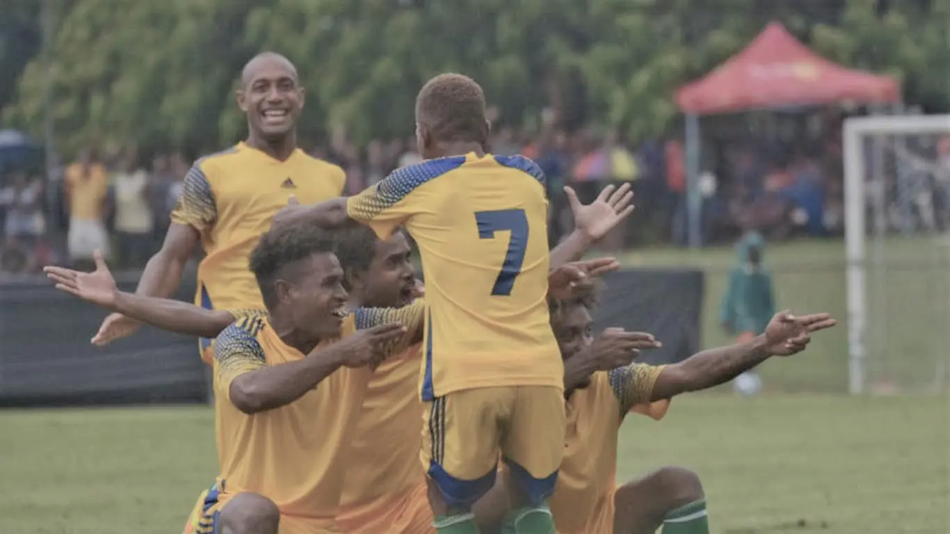 Isabel Frigate players celebrate a late come back to defeat Honiara Warriors.
