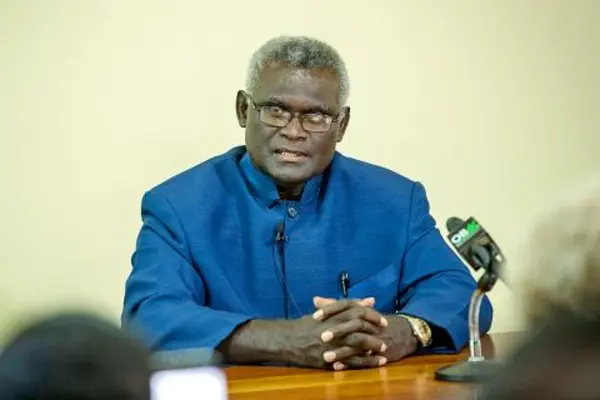 Solomon Islands Prime Minister Manasseh Sogavare speaks at a news conference at Parliament House in Honiara on April 24.