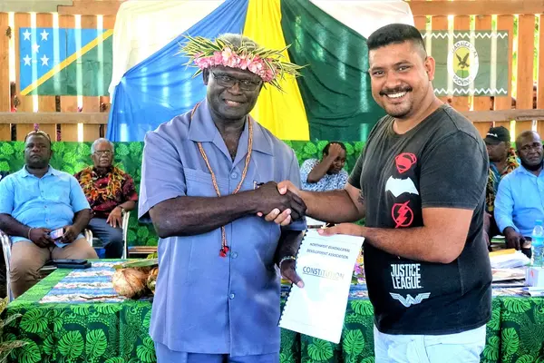 Prime Minister Manasseh Sogavare with Simon Chottu, Chairman of the North West Guadalcanal Development Association (NWGDA), during the launching of the NWGDA constitution.