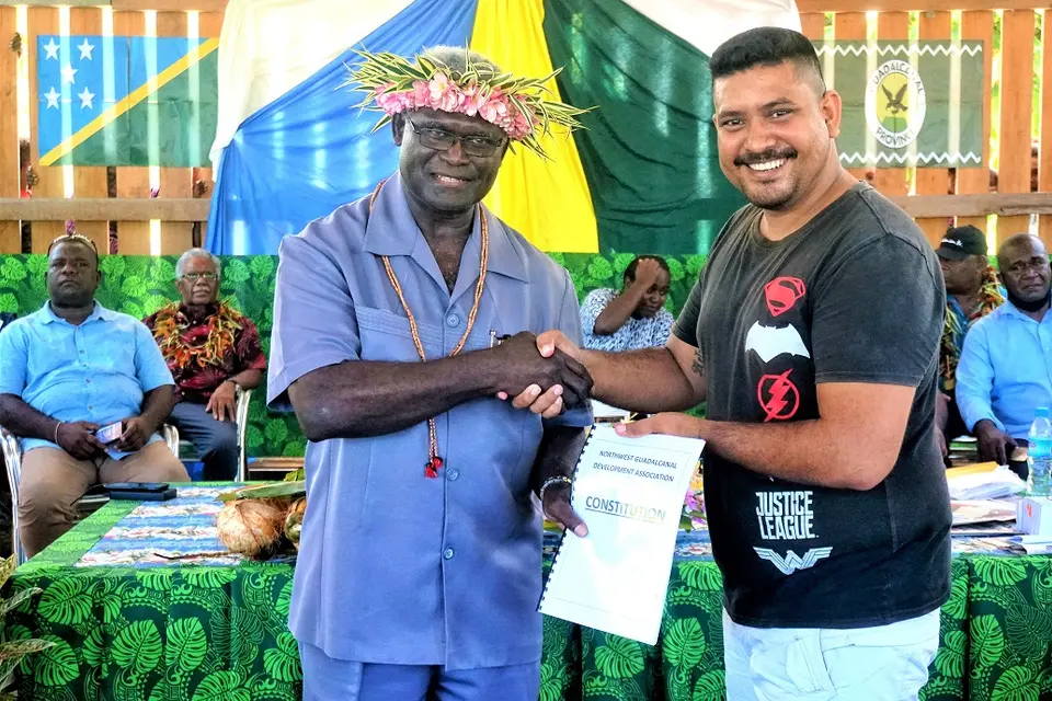 Prime Minister Manasseh Sogavare with Simon Chottu, Chairman of the North West Guadalcanal Development Association (NWGDA), during the launching of the NWGDA constitution.