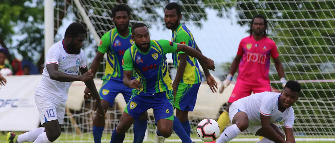Players scramble for the ball during the Lae City vs Henderson Eels clash in Group B of the OFC Champions League in Luganville on Saturday.