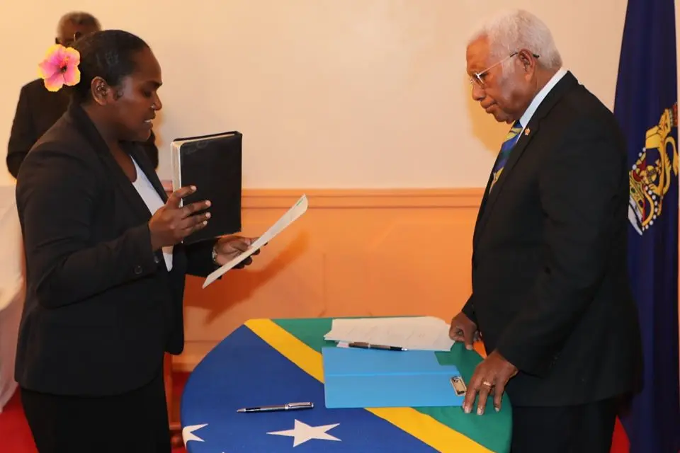 The Gizo-Kolombangara Member of Parliament, Hon. Lanelle Tanangada was sworn-in as the new Minister for Education and Human Resources Development, replacing former Minister Hon. Commins Mewa.