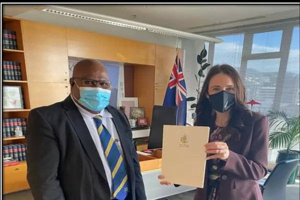 High Commissioner Eliam Tangirongo and Prime Minister Jacinda Ardern at the Prime Minister’s Office, New Zealand Parliament.