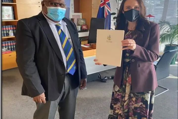 High Commissioner Eliam Tangirongo and Prime Minister Jacinda Ardern at the Prime Minister’s Office, New Zealand Parliament.