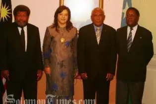 Foreign Affairs Minister William Haomae, Madame Olbery, Sir Frank Kabui and George Hiele (Secretary to Foreign Affairs).