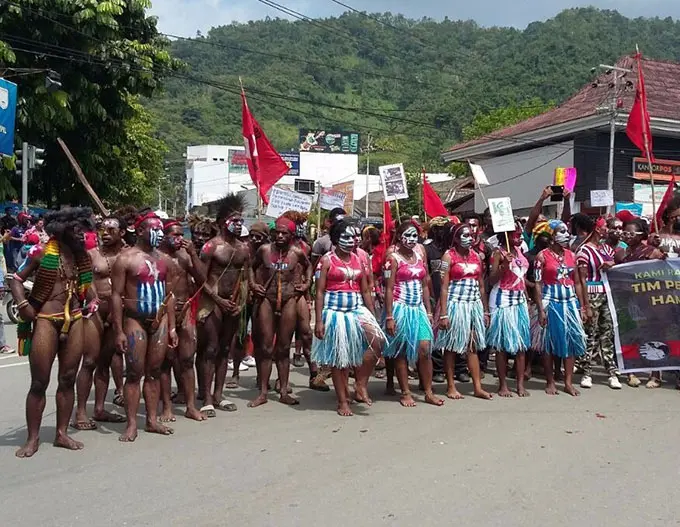 Papuans holding a self-determination rally last week in Sentani, Papua, demanding that the government conducts an independence referendum for the province.