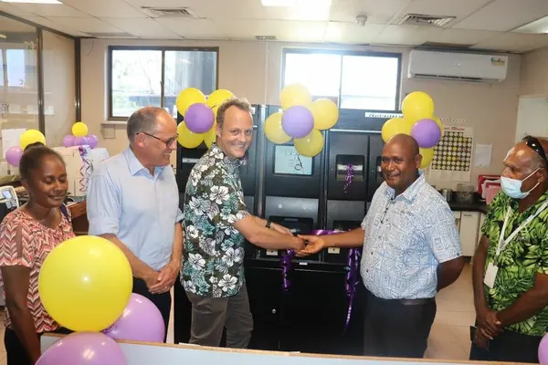 DFAT First Secretary Health Dr. Alex Stephens officially handover the lab machines to Health Minister Dr Culwick Togamana and looking on Lab Director, DFAT Counsellor Human Development Mr. Mika Kontiainen and NRH Medical Superintendent Dr Janella Solomons.