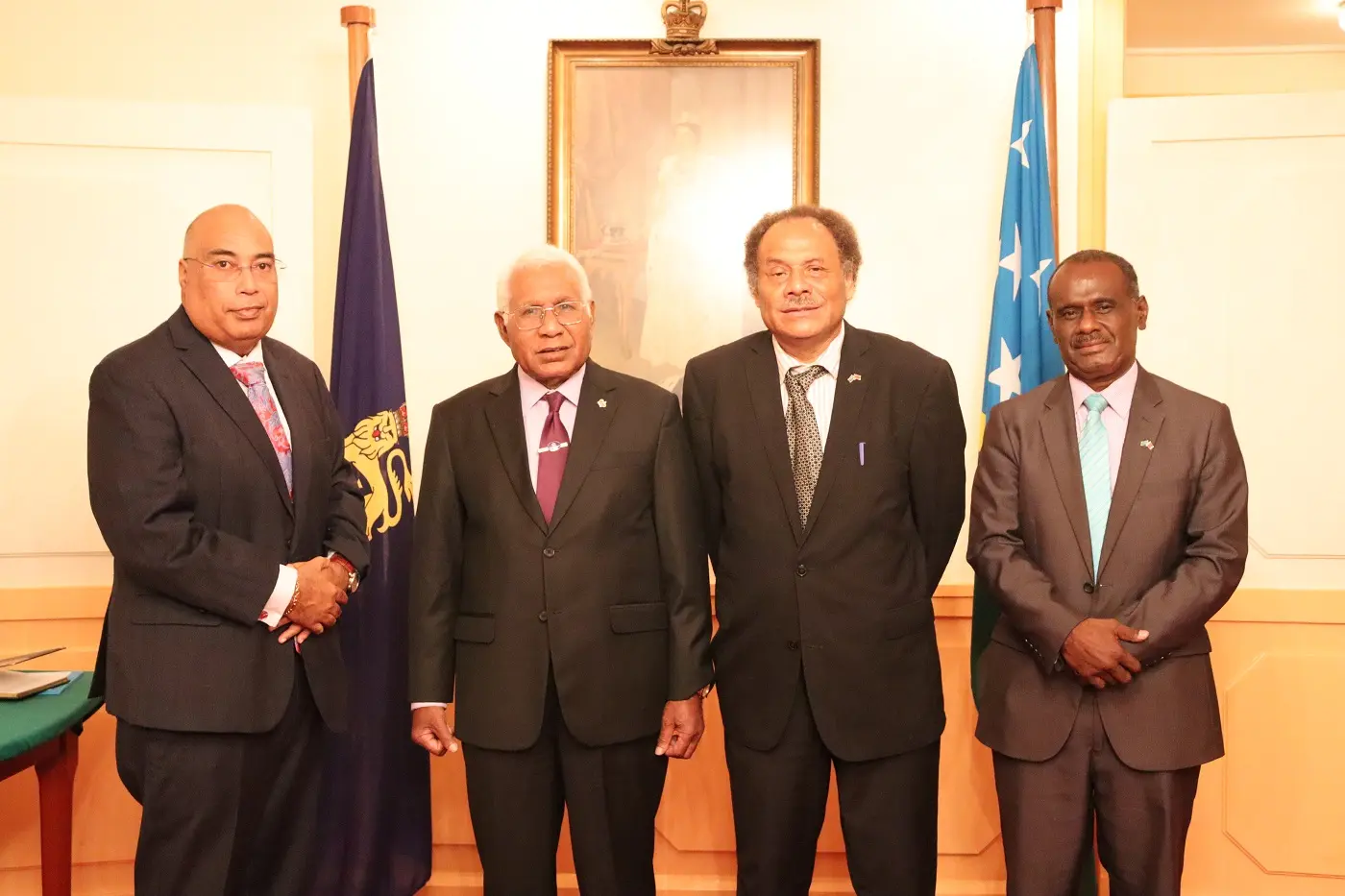 (L-R) Permanent Secretary Collin Beck, Governor General Sir David Vunagi, Ambassador designate John Moffat Fugui and Foreign Affairs Minister Jeremiah Manele during the Commissioning ceremony at Government House.