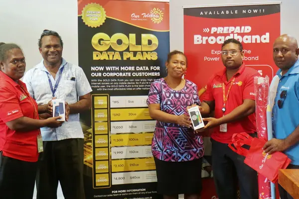 Pictured at the official prize donation (from left to right): Our Telekom Sales Manager, Barbara Kyere; Solomon Airlines Marketing Officer, David Keru; Travel Solomons Managing Director, Karen Foimua; Our Telekom Marketing Manager, Sean Hiele, and Tourism Solomons Senior Marketing Officer, Nelson Manepura.