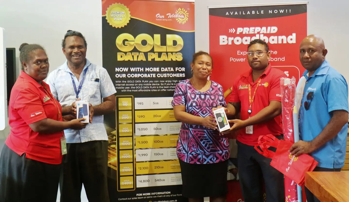 Pictured at the official prize donation (from left to right): Our Telekom Sales Manager, Barbara Kyere; Solomon Airlines Marketing Officer, David Keru; Travel Solomons Managing Director, Karen Foimua; Our Telekom Marketing Manager, Sean Hiele, and Tourism Solomons Senior Marketing Officer, Nelson Manepura.