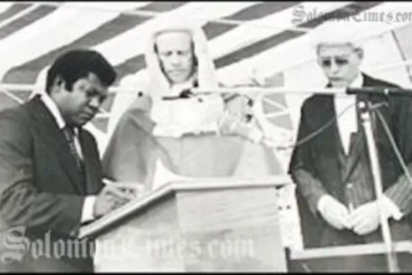 Sir Baddeley Devesi, being  sworn in as Governor General on Independence Day, July 7, 1978.