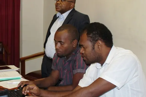 Dr Luanga Mukela Faustin (standing) conducting a hands on exercise with local participants during the WTO training yesterday.