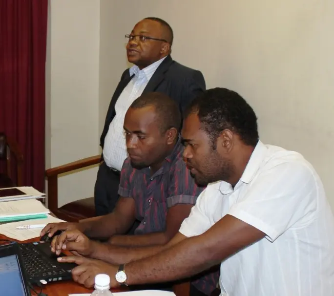 Dr Luanga Mukela Faustin (standing) conducting a hands on exercise with local participants during the WTO training yesterday.
