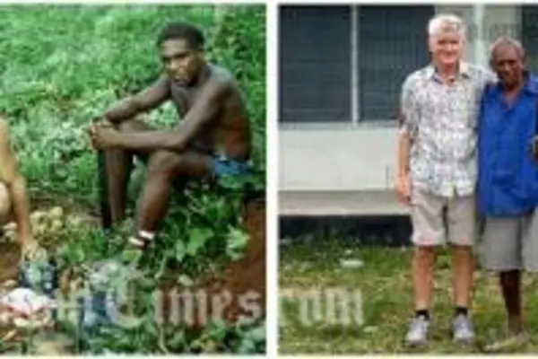 Old friends Russell Priest and Edward Houi from the Solomon Islands pictured in 1968, and reunited 44 years later this June as retirees.