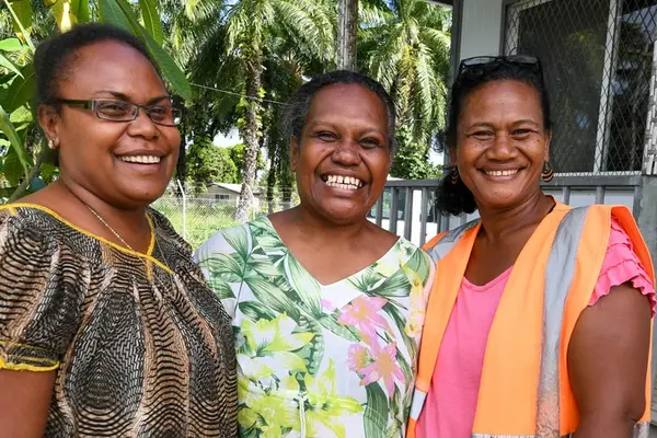 Ruth Maetala (centre) who runs the Waka Mere program with Regina Pokana (L), Sustainability and Quality Manager, GPPOL with another employee at Guadalcanal Plains Palm Oil Limited (GPPOL). GPPOL is one of the Waka Mere participating companies.