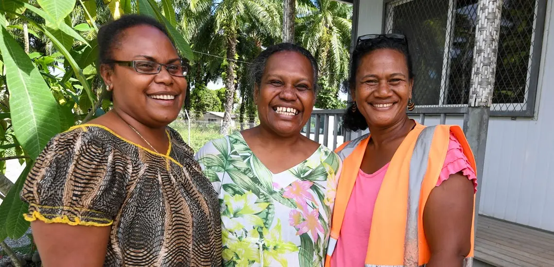 Ruth Maetala (centre) who runs the Waka Mere program with Regina Pokana (L), Sustainability and Quality Manager, GPPOL with another employee at Guadalcanal Plains Palm Oil Limited (GPPOL). GPPOL is one of the Waka Mere participating companies.
