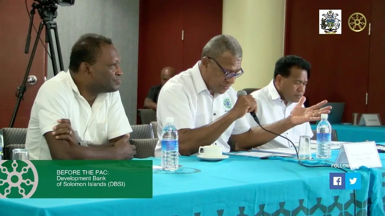 The CEO of DBSI Tukana Borovo (centre) with two other senior managers appearing before the Public Accounts Committee (PAC).